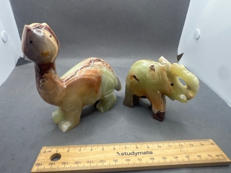 Banded Calcite Carved Stone Elephant and Dinosaur - From Brazil