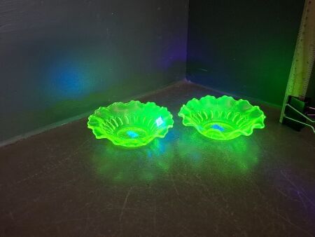2 Vaseline Uranium Glass Candy Dishes