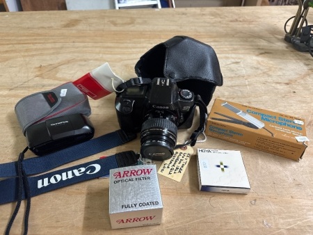 Asst. Camera Lot - Incs Canon EOS 100 Film Camera in Case, Olympus Camera + Equipment