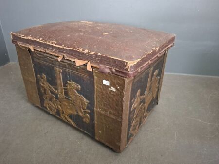 Vintage Copper & Wooden Embossed Coal Box with Cushion Top