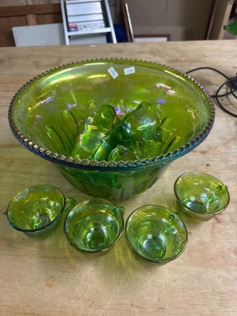 Vintage Green Carnival Glass Punch Bowl Set