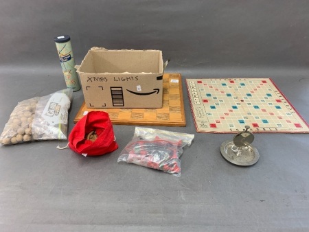 Collection of Vintage Games inc. Lead Chess Pieces & Timver Board, Timber Scrabble Tiles & Board, Lotto Balls & Pick Up Sticks