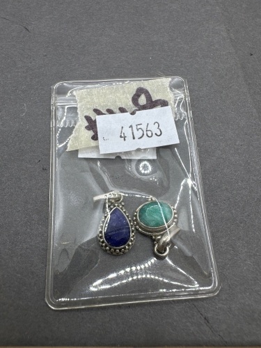 2 Sterling Silver Pendants - 1 with Sapphire Gemstone & 1 with Emerald Gemstone