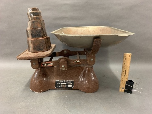 Set of Vintage Cast Alloy Ajax Balance Scales with Set of Iron Weights