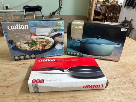 Crofton Kitchen Ware - Incs Cast Iron Fry Pan & Casserole Dish + Non Stick Enamel and Bakelite Fry Pan