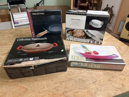Arcosteel Stainless Steel Roaster & Non-Stick Wok, Nova Dish & Cast Iron Pot