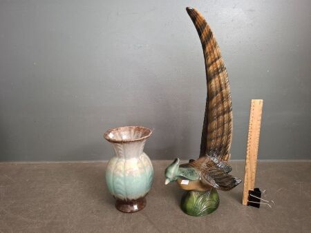 Vintage Ceramic Pheasant Figurine & Art Deco Foreign Vase