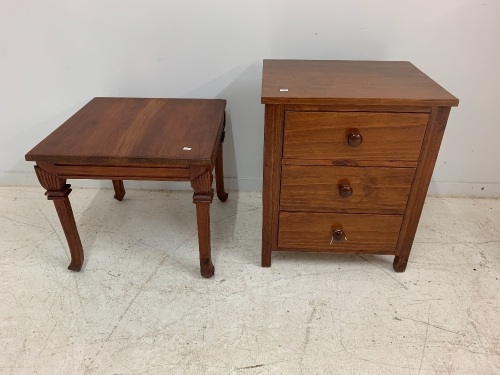 Small Teak Side Table with Carved Legs + 3 Drawer Timber Bedside Chest