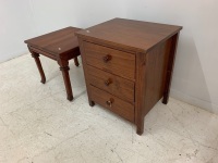 Small Teak Side Table with Carved Legs + 3 Drawer Timber Bedside Chest - 2