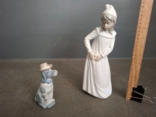 Nao by Lladro Girl with Torn Night Gown Porcelain Figurine & Vintage Cascades Porcelain Dog Figurine