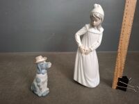 Nao by Lladro Girl with Torn Night Gown Porcelain Figurine & Vintage Cascades Porcelain Dog Figurine