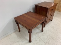 Small Teak Side Table with Carved Legs + 3 Drawer Timber Bedside Chest - 4