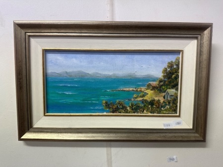 Beach Huts Overlooking the Water Oil on Canvas by J.Morris