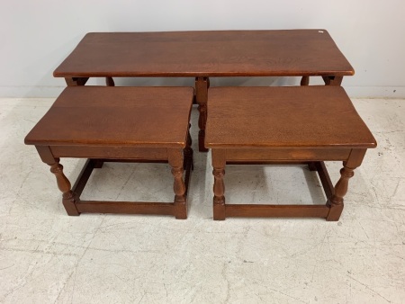 Set of 3 Nesting Solid Oak Coffee Tables with Turned Legs & Stretchers