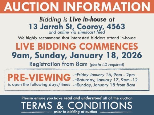 AUCTION INFORMATION: Bidding is live at 13 Jarrah St, Cooroy, 4563 & online via web feed (simulcast) - It is recommended that interested bidders attend the auction onsite | BIDDING COMMENCES: 9am, Sunday, January 18, 2026, Registration from 8am (photo I.D