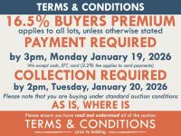 TERMS AND CONDITIONS: 16.5% BUYERS PREMIUM APPLIES TO ALL AUCTION LOTS UNLESS ADVISED (An additional 1.65% fee applies to online bidders) | PAYMENT REQUIRED by 3pm, Monday January 19, 2026 - We accept cash, EFT, card (2.2% fee applies to card payments) | 