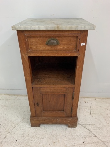 Antique French Bedside Pot Cupboard with Marble Top - Top Has Visible Repair