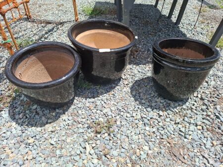 3 Terracotta Black Glaze Plant Pots
