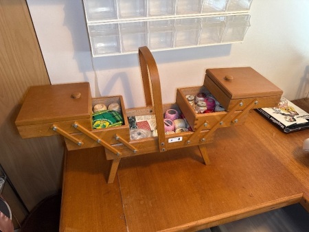 Wooden cantilever sewing box with contents