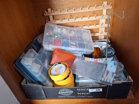 Shelve Lot of Sewing Equipment and Buttons