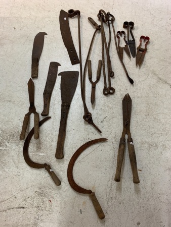 Asstd Lot of  Shears, Cane Knives, Reaping Hooks etc