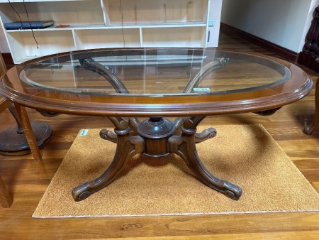 Vintage Oval Coffee Table - Wooden Base and Glass Top