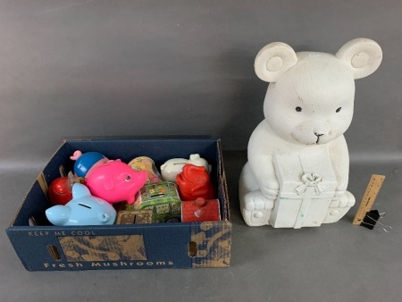 Box Lot of Tin & Ceramic Money Boxes + XXXL Ceramic Bear Money Box