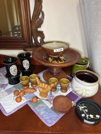 Assorted wood and pottery lot