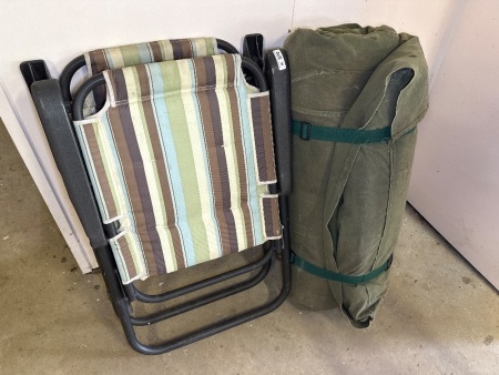 Single swag and two camp chairs