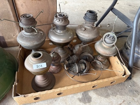 Box lot of lamp bases, fonts and burners