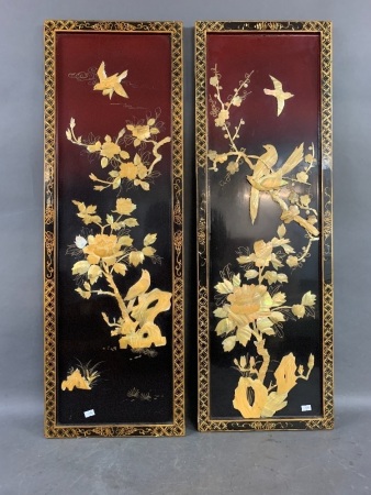 Pair of Chinese Lacquered Panels with Carved Mother of Pearl Birds in Relief