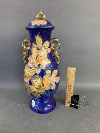 Victorian Cobalt Blue 2 Handled Tuble Lined Lidded Pot with Original Paper Label Inside