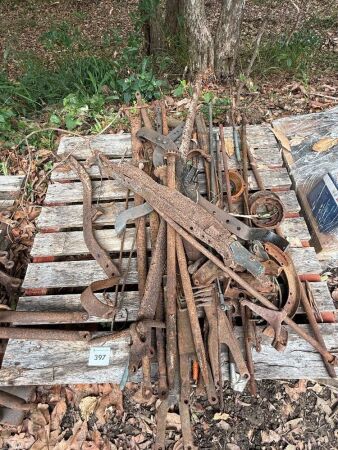 Ford Model A front axle, rear bumper brackets, spark lever adjusters, hand throttle rods etc.