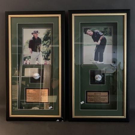2 Golf Memorabilia Displays with Signed Balls from Jack Nicklaus & Greg Norman