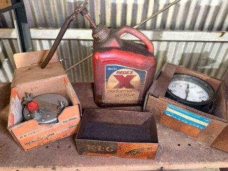 Assorted vintage lot inc pressure gauges and Redex oil container