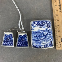 Pair of Earrings & Brooch Set from Vintage Blue & White China