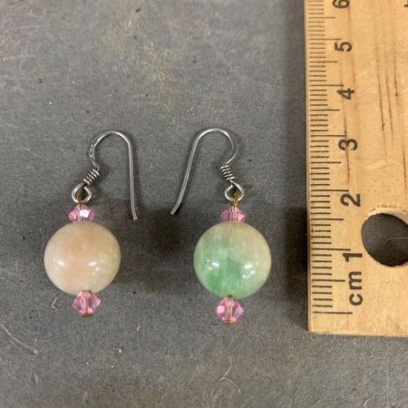 Pair of Jade & Pink Bead Drop Earrings with Sterling Silver Fittings
