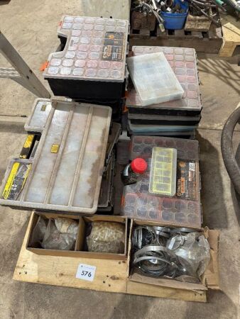 Pallet lot of organiser containers with contents etc