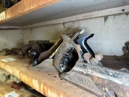 Shelf lot of wood planes and spoke shaves