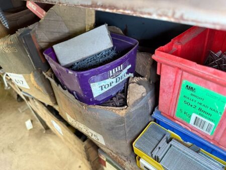 Shelf lot of various nails, brads etc