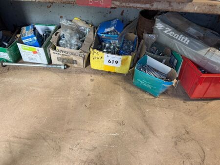 Shelf lot of cup head bolts, and nuts