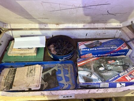 Assorted Car Manuals, Foot Pressure Pumps & Starter Brushes