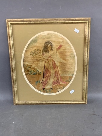 Framed Early 19th Century Silk Embroidery of Lady with Flowers c1810