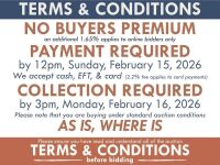 TERMS AND CONDITIONS: NO BUYERS PREMIUM (A 1.65% fee applies to online bidders) | PAYMENT REQUIRED by 12pm, Sunday, February 15, 2026 - We accept cash, EFT, card (2.2% fee applies to card payments) | COLLECTION REQUIRED by 3pm, Monday, February 16, 2026
