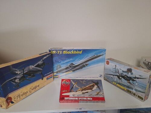 4 Model Plane Kits inc. SR-71 Blackbird, Spitfire, D.H Mosquito & F7F Tigercat