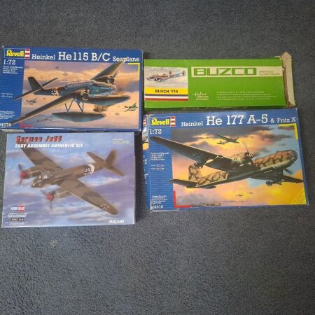 Hobby Boss German Ju88 , Cuzco Bloch 174, Revell Heinkel He115 B/C Seaplane, Revell Heinkel He 177 A-5 & Fritz X