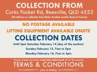PLEASE NOTE THAT POSTAGE IS NOT AVAILABLE, COLLECTION ONLY AT AUCTION ADDRESS, NO DELIVERY OR PICK UP FROM COOROY AUCTION HOUSE.