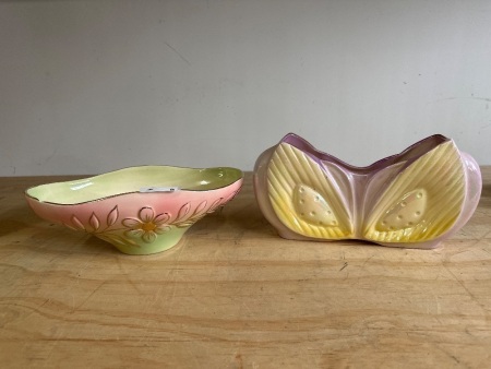 Retro Diana Pottery Australia Oblong Vase + Iridscent Trough Vase