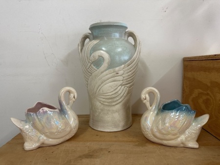Large Vintage Swan Vase + Pair of Iridescent Sawn Vases