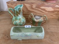 3 Mid Century Brown and Green Pottery Pieces